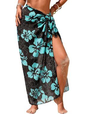 Women's Black Blue Swimsuit High Slit Summer Floral Print Chiffon Wrap Beach